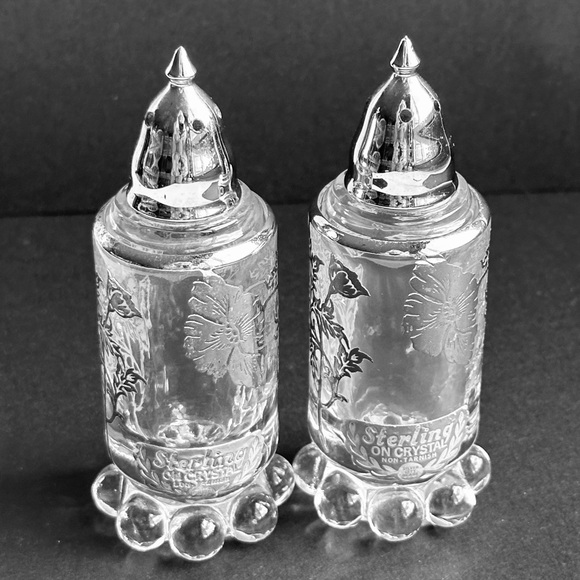 VTG Sterling Silver on Crystal Salt & Pepper Flanders Poppy Flowers 4”H - Picture 1 of 7